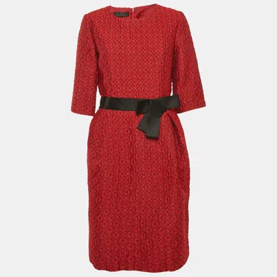 Pre-owned Ch Carolina Herrera Red Jacquard Bow Detail Mini Dress L