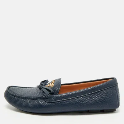 Pre-owned Prada Navy Blue Leather Bow Slip On Loafers Size 38
