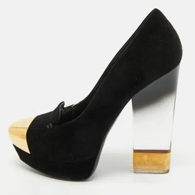 Pre-owned Alexander Mcqueen Black Suede Plexi Heel Platform Pumps Size 40