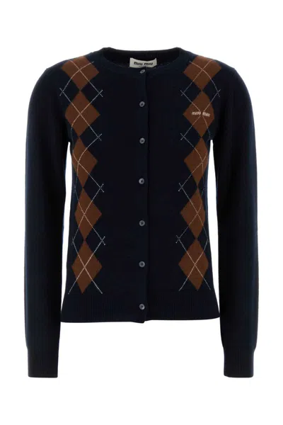 Miu Miu Diamond Knit Cardigan With Ribbed Finish In Blue