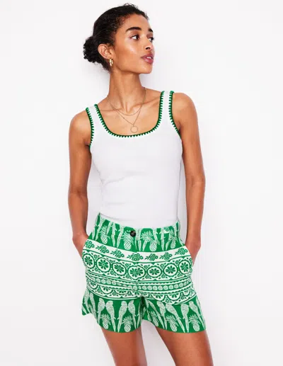 Boden Westbourne Linen Shorts Rich Emerald, Ornate Tropics
