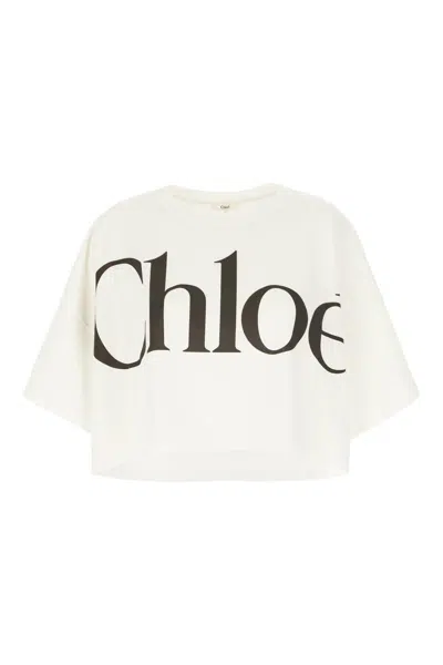 Chloé White Cropped Crewneck T-shirt With Maxi Logo Print On The Front In Cotton Woman