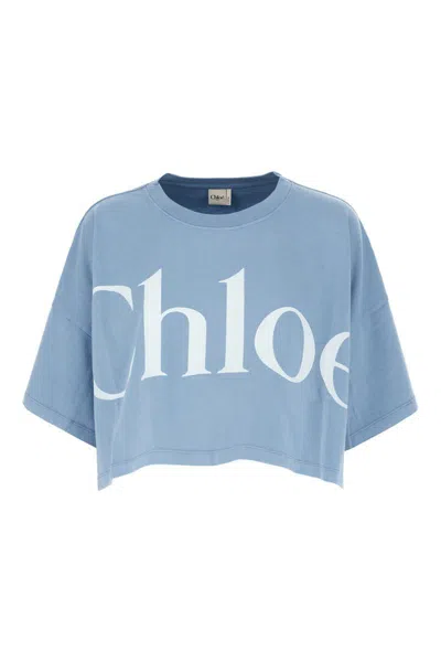 Chloé Women Light Blue Jersey Cropped Logo T-shirt In Blue