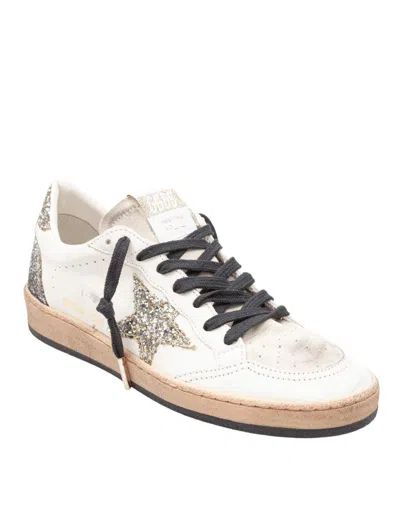 Golden Goose Ball Star Sneakers In Vintage Effect Leather And Suede With Glittered Star And Heel Tab In White
