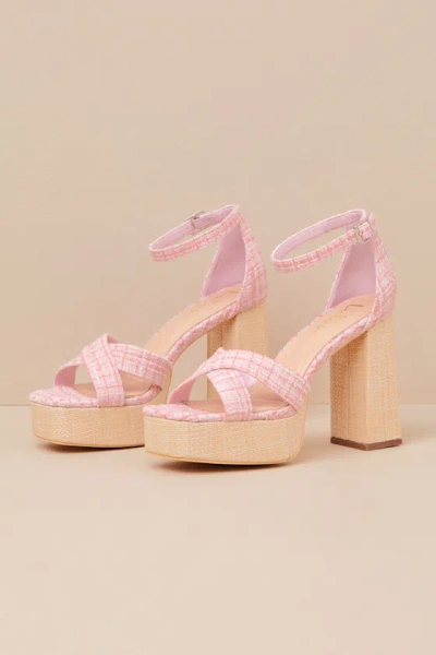 Lulus Capitolla Baby Pink Tweed Platform Ankle Strap Sandals