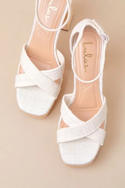 Lulus Capitolla White Tweed Platform Ankle Strap Sandals