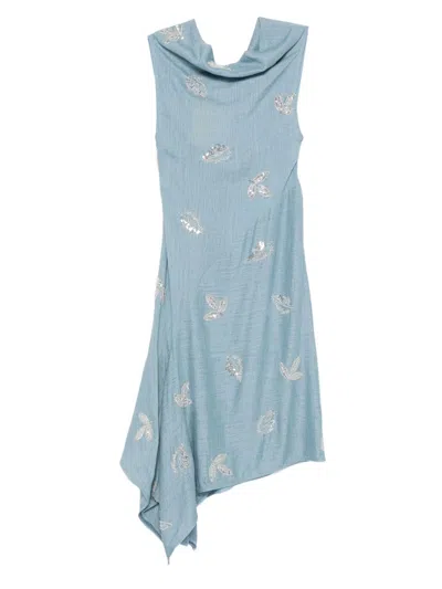 Marques' Almeida Cowl-neck Embroidered Midi Dress In Blue