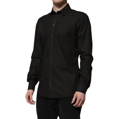 Dolce & Gabbana Black Cotton Jacquard Gold Collar Dress Men's Shirt