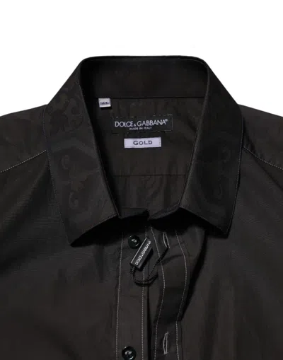 Dolce & Gabbana Black Cotton Jacquard Gold Collar Dress Men's Shirt