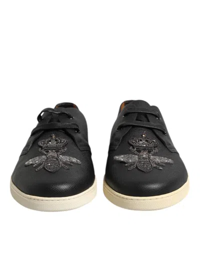 Dolce & Gabbana Black Leather Bee Crown Low Top Sneakers Men's Shoes In Black