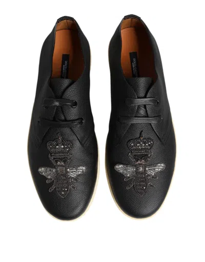 Dolce & Gabbana Black Leather Bee Crown Low Top Sneakers Men's Shoes In Black
