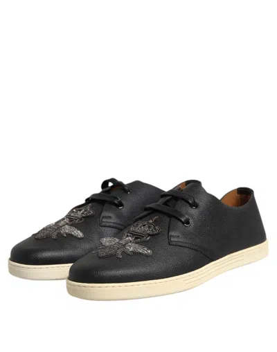 Dolce & Gabbana Black Leather Bee Crown Low Top Sneakers Men's Shoes In Black