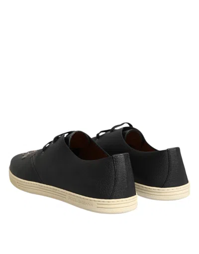 Dolce & Gabbana Black Leather Bee Crown Low Top Sneakers Men's Shoes In Black