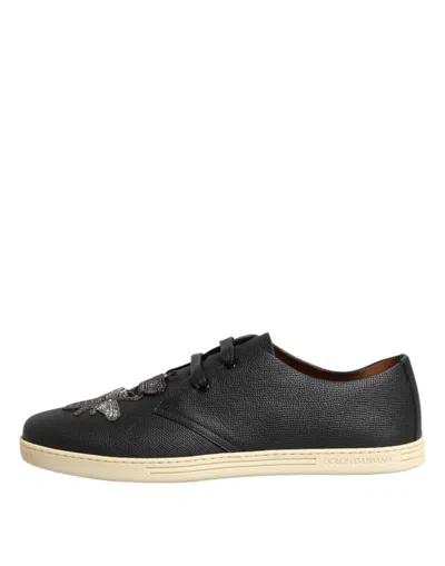 Dolce & Gabbana Black Leather Bee Crown Low Top Sneakers Men's Shoes In Black