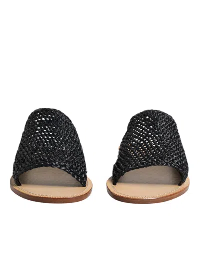 Dolce & Gabbana Black Monochrome Braided Raffia Slides Men's Shoes