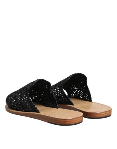 Dolce & Gabbana Black Monochrome Braided Raffia Slides Men's Shoes