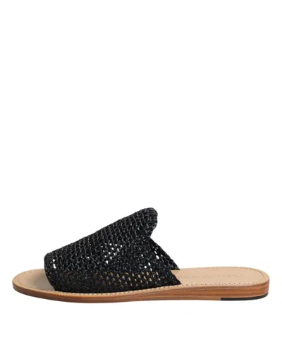 Dolce & Gabbana Black Monochrome Braided Raffia Slides Men's Shoes