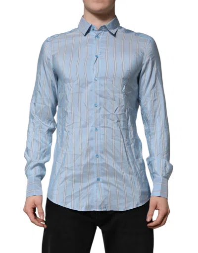 Pre-owned Dolce & Gabbana Blue Striped Martini Long Sleeve Dress Men's Shirt ()