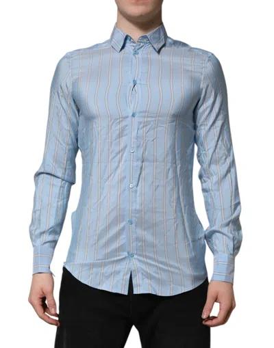 Pre-owned Dolce & Gabbana Blue Striped Martini Long Sleeves Dress Men's Shirt ()