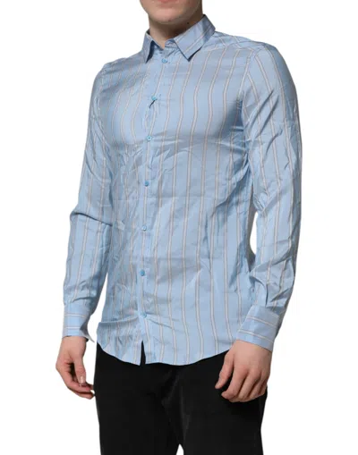 Pre-owned Dolce & Gabbana Blue Striped Martini Long Sleeves Dress Men's Shirt ()