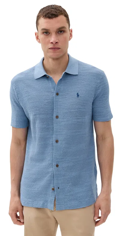 Polo Ralph Lauren Textured Button Down Sweater Shirt Channel Blue In Blue