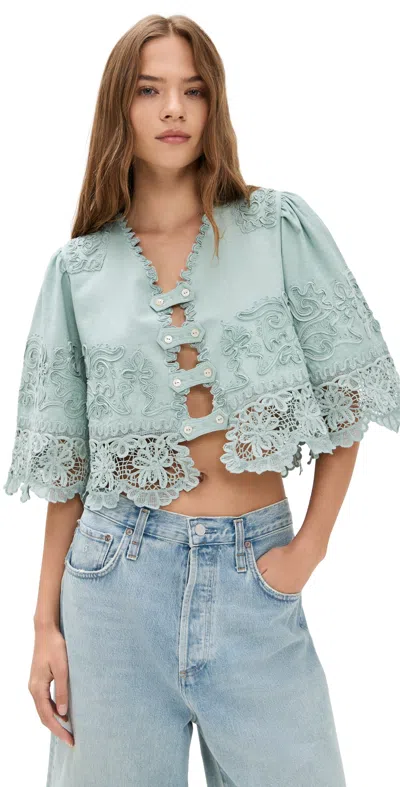 Sea Iyla Cropped Embroidered Broderie Anglaise Cotton And Linen-blend Top In Blue