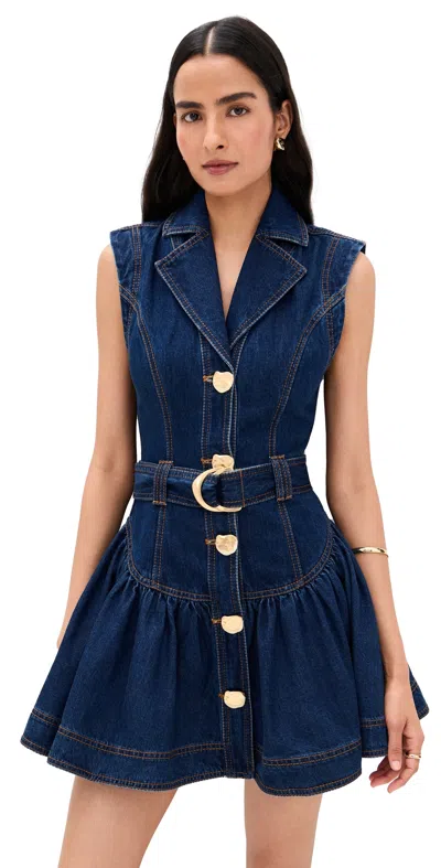 Aje Elena Belted Denim Mini Dress Dark Classic Wash In Blue