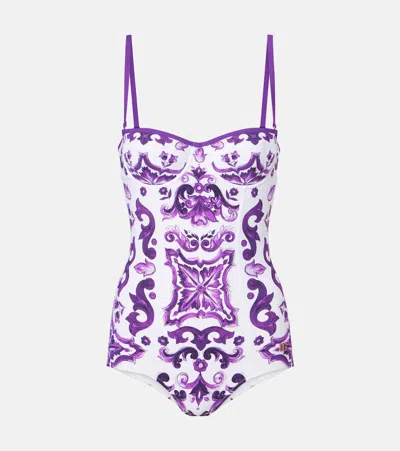 Dolce & Gabbana 'maiolica' Print One-piece Swimsuit In Purple