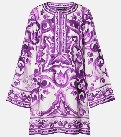 Dolce & Gabbana Majolica Silk Twill Long-sleeve Mini Shift Dress