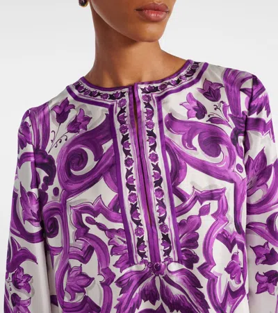 Dolce & Gabbana Majolica Silk Twill Long-sleeve Mini Shift Dress