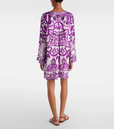 Dolce & Gabbana Majolica Silk Twill Long-sleeve Mini Shift Dress