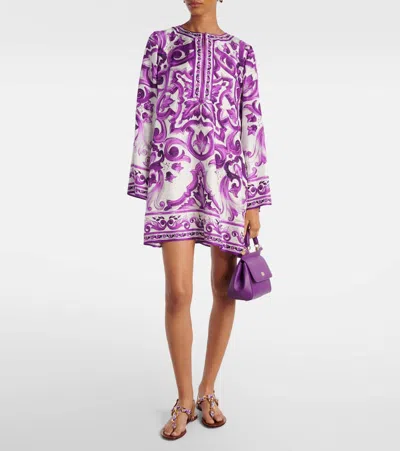 Dolce & Gabbana Majolica Silk Twill Long-sleeve Mini Shift Dress