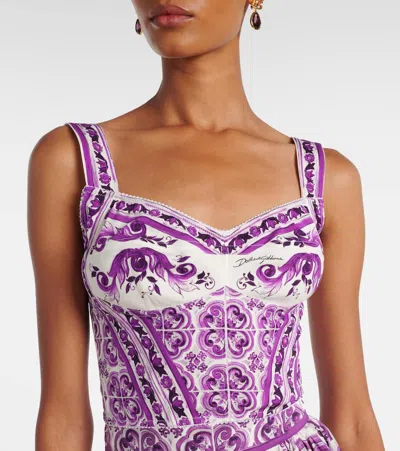 Dolce & Gabbana Violet Top With Sweetheart Neckline And All-over Graphic Print