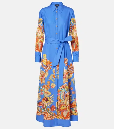 Etro Belted Paisley Cotton Maxi Dress In Blue