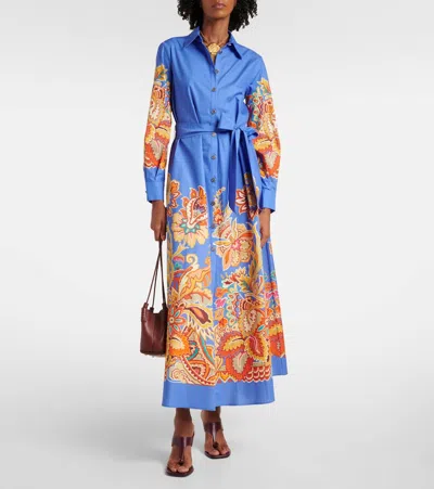 Etro Belted Paisley Cotton Maxi Dress In Blue