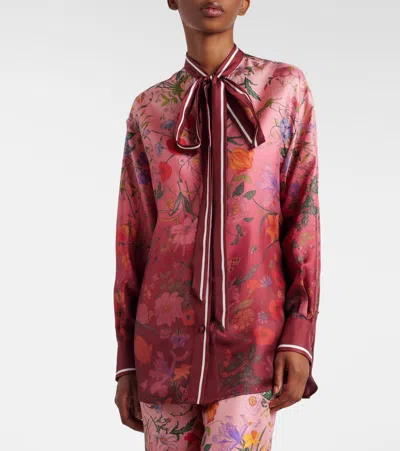 Gucci Silk Shirt With Flora Print And Tie Bow In Red