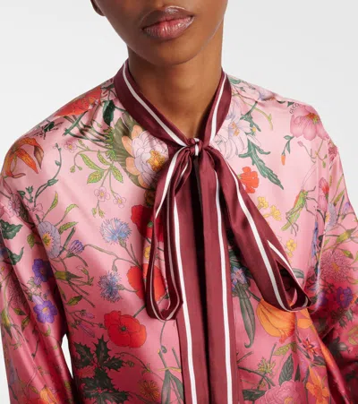 Gucci Silk Shirt With Flora Print And Tie Bow In Red