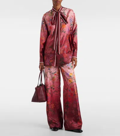 Gucci Silk Shirt With Flora Print And Tie Bow In Red