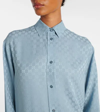 Gucci Womens Aqueous Monogram Relaxed-fit Silk Shirt In Blue