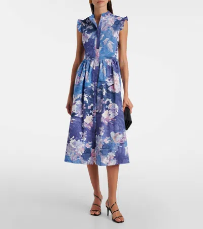 Erdem Floral Print Sleeveless Crinkled Satin Midi Dress In Blue