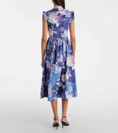 Erdem Floral Print Sleeveless Crinkled Satin Midi Dress In Blue