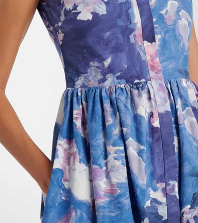 Erdem Floral Print Sleeveless Crinkled Satin Midi Dress In Blue
