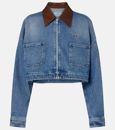 Prada Cropped Leather-trimmed Denim Jacket