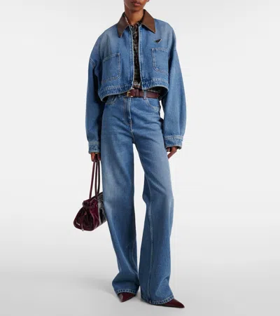 Prada Cropped Leather-trimmed Denim Jacket