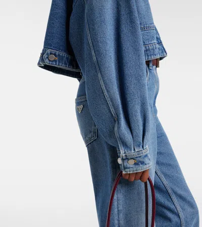 Prada Cropped Leather-trimmed Denim Jacket