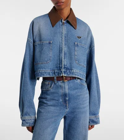 Prada Cropped Leather-trimmed Denim Jacket