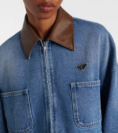 Prada Cropped Leather-trimmed Denim Jacket