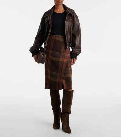 Polo Ralph Lauren Plaid Wool-blend Midi Skirt In Brown