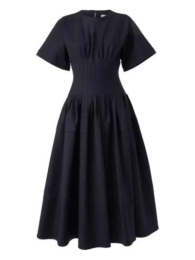 Carolina Herrera Short-sleeve Pleated-waist Midi Dress In Blue