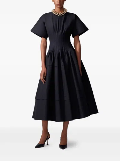 Carolina Herrera Short-sleeve Pleated-waist Midi Dress In Blue